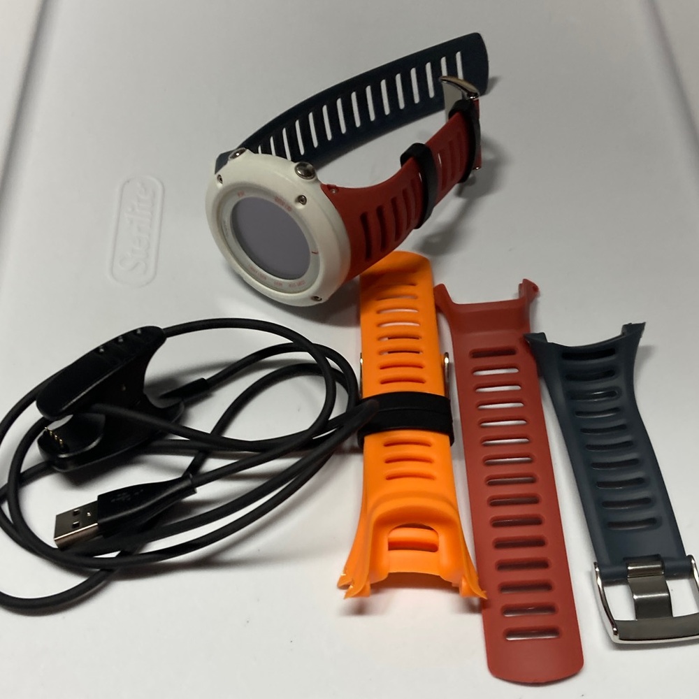 Suunto Ambit 3 Run smart watch, red white blue colors, orange strap, plus cable